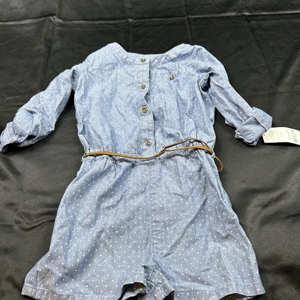 Carter's Girls Romper 6Y Jean White Polka Dot Brown Belt NWT